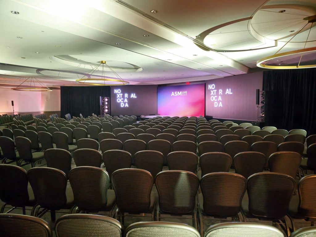 Presentation screens set up for conference