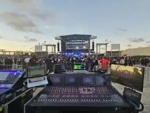 Audio equipment while band performs on stage